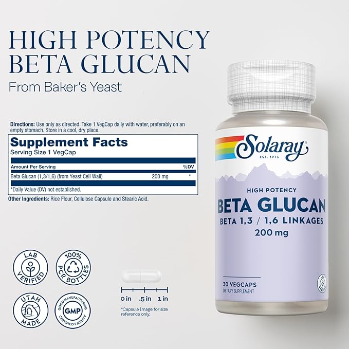 SOLARAY Beta Glucan Supplements - Immune Support - Heart and Digestive Support with Beta Glucan Fiber from Baker's Yeast - High Potency 60-Day Guarantee - 30 Servings 30 VegCaps