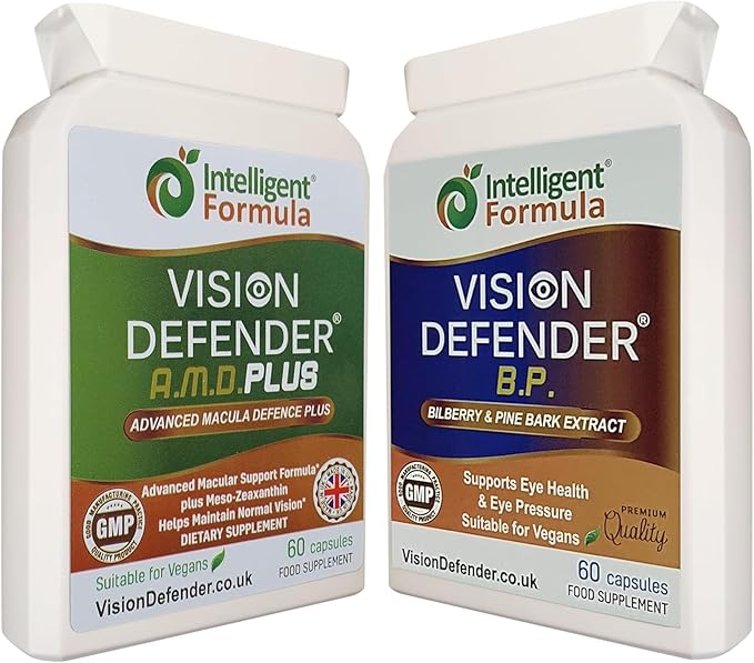 Vision Defender A.M.D. Plus &amp BP Eye Care Bundle – Advanced Eye Supplements with AREDS2 (Lutein Zeaxanthin Vitamin C &amp E Copper Zinc) Plus Meso-Zeaxanthin Bilberry Pine Bark. Made in UK