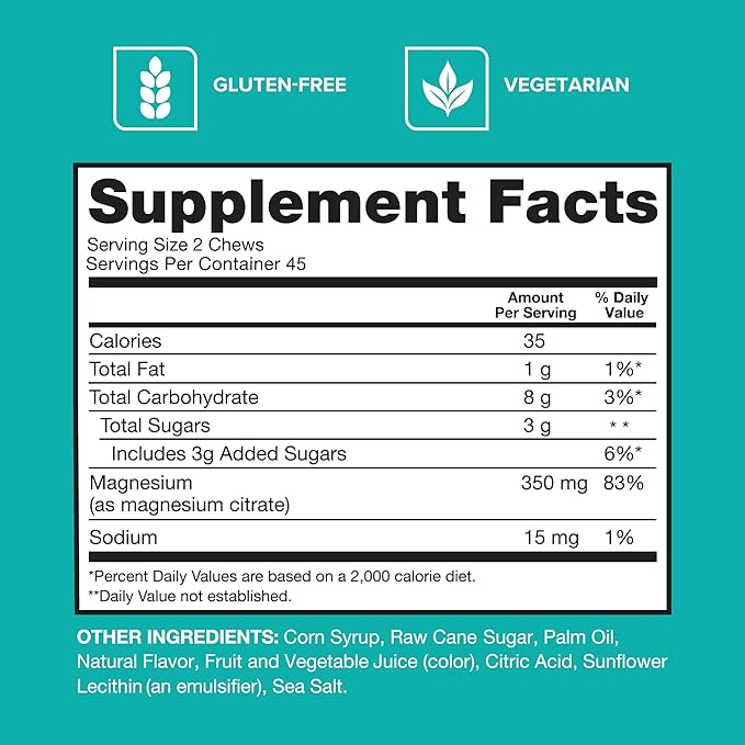 Qunol Magnesium Citrate Soft Chews 350mg Extra Strength Magnesium Supplement High Absorption to Support Nerve Bone and Muscle Health 90 Count (Pack of 2)