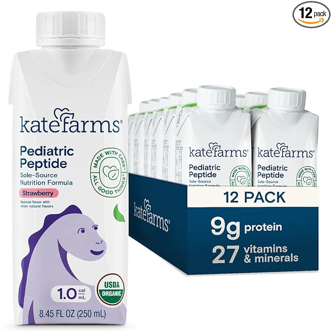 KATE FARMS Organic Pediatric Peptide 1.0 Formula Strawberry Sole-Source Hydrolyzed Plant-Based Nutrition for Oral or Tube Feeding 8.45 oz (12 pack)