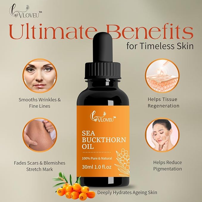 Seabuckthorn Oil 30 Ml | Omega 3 6 7 and 9 Fatty Acids Supplement for Face and Hair | Helps Moisturize The Skin | Supports Collagen | Cold Press Sea Buckthorn Pulp Oil for Smooth and Glowing Skin
