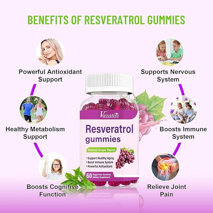High Purity Resveratrol Gummies 98% Trans-Resveratrol with Quercetin Coq 10 Vitamin C Reservatrol Supplement for Antioxidant Anti-Aging 120 Gummies