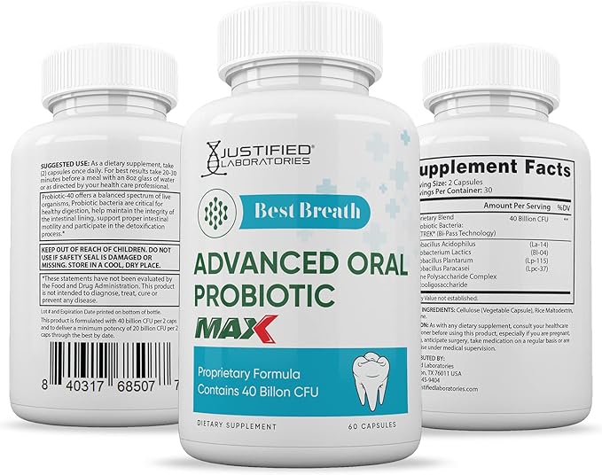 Justified Laboratories (3 Pack) Best Breath Max 40 Billion CFU Probiotic Oral Support 180 Capsules