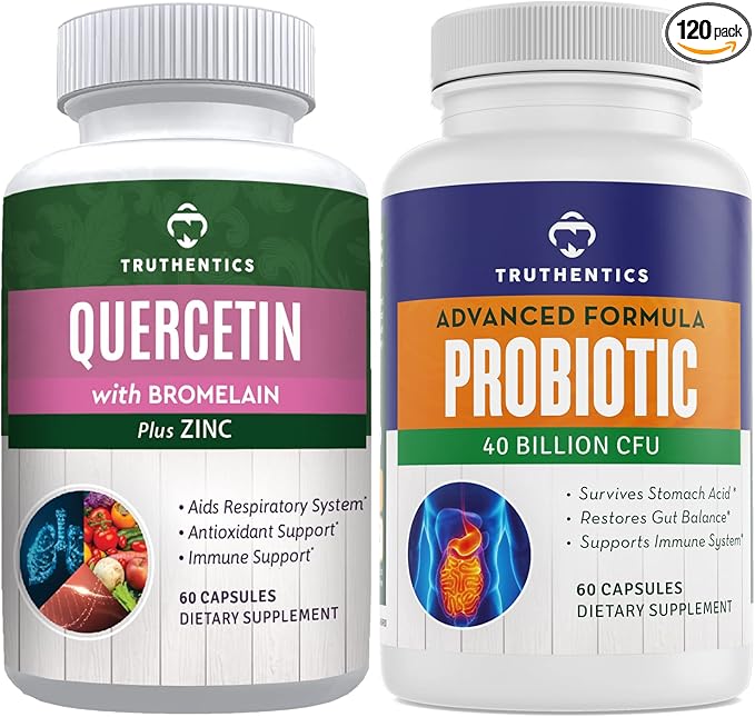 Truthentics Quercetin with Bromelain and Zinc Plus Advanced Probiotic with Prebiotics Bundle - Immune Respiratory &amp Digestive Support - Gluten Free Non-GMO