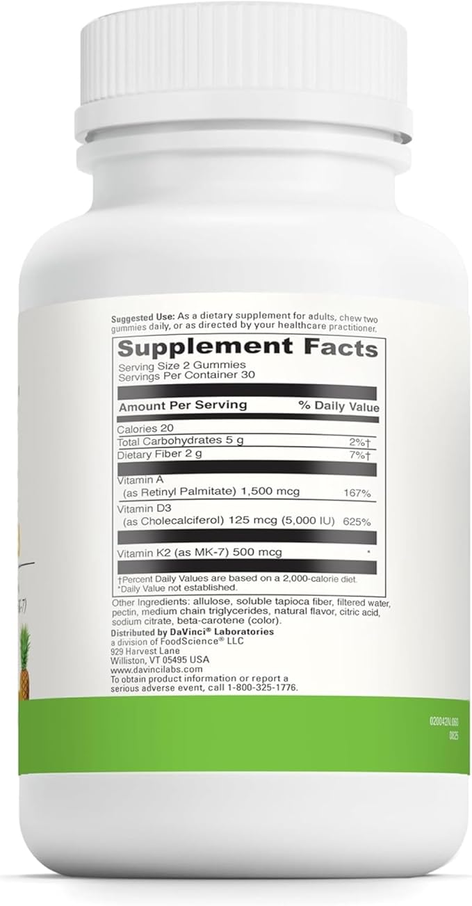 DAVINCI Labs ADK Gummies - Helps Support Bone Health &amp Immune Response* - Multivitamin Gummy with Vitamins A D3 &amp MK-7 - Vegetarian Gluten Free Soy Free - Pineapple Flavor - 60 Gummies