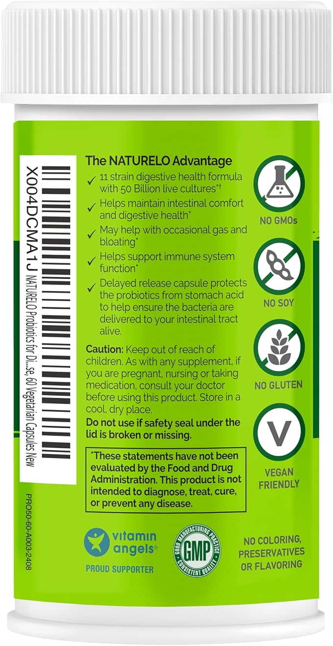NATURELO Probiotics for Digestive Health 50 Billion CFU 60 Vegetarian Capsules 11 Strains Daily Use Supplement Delayed Release No-Fridge Boosts Immune System Probiotics for Women &amp Men