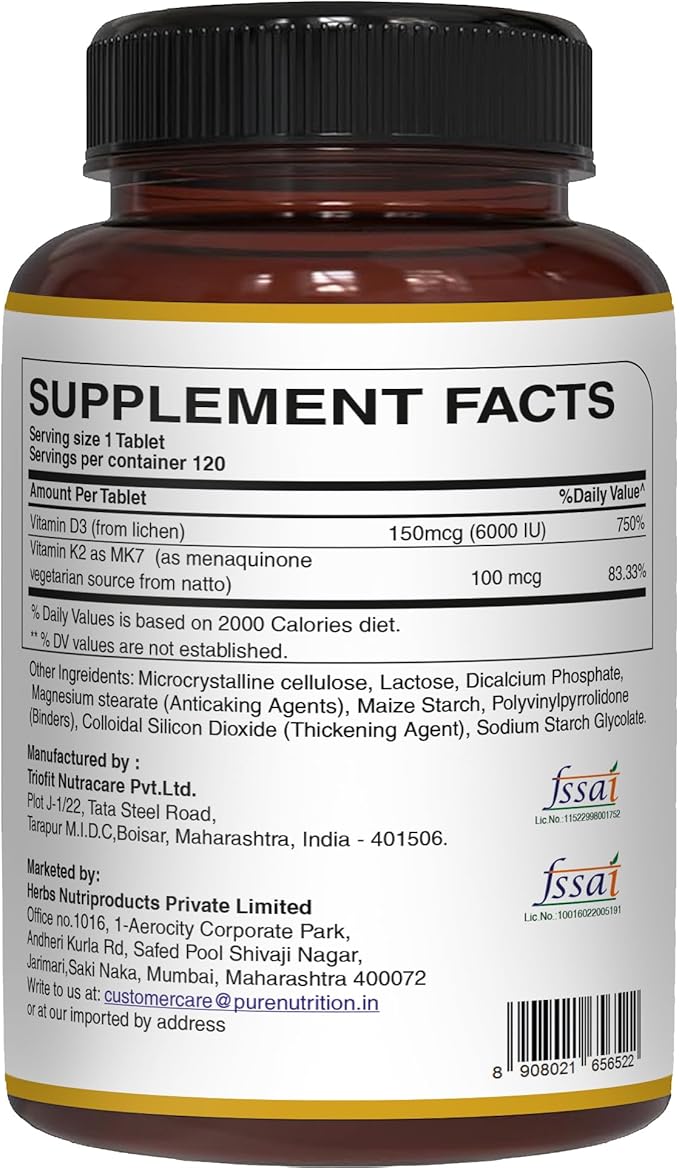 Pure Nutrition Vitamin D3 K2 + Ultra Calcium | Plant-Based D3 from Lichen | 120 Tablets Each