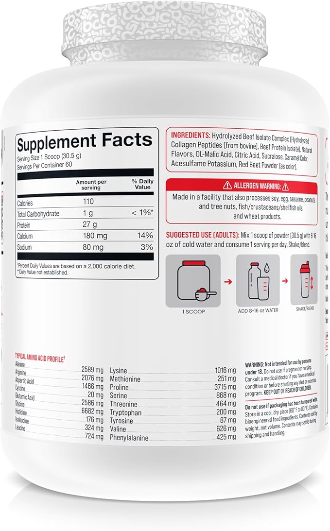 Hydrolyzed Clear Beef Isolate Protein Powder 27g Protein 9 Essential Amino Acids Dairy-Free Fat-Free Sugar-Free Lactose-Free Supports Muscle Protein Synthesis
