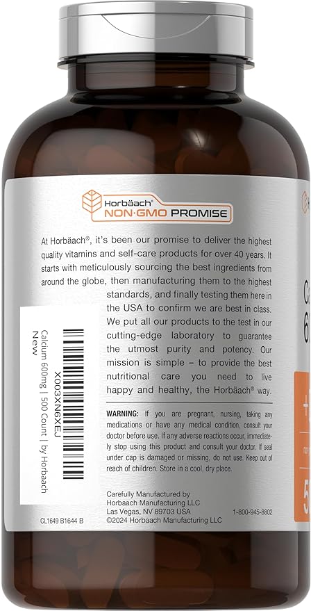 Horbaach Calcium 600 mg with Vitamin D3 | 500 Coated Caplets | for Women and Men | Non-GMO &amp Gluten Free Supplement