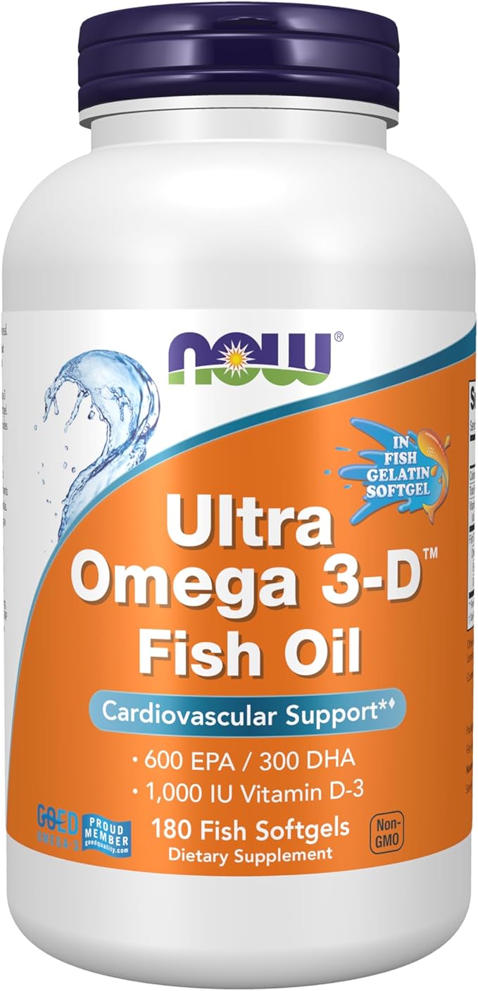 NOW Foods Supplements Ultra Omega 3-D™ Omega-3 Fish Oil + Vitamin D-3 Cardiovascular Support* 180 Softgels