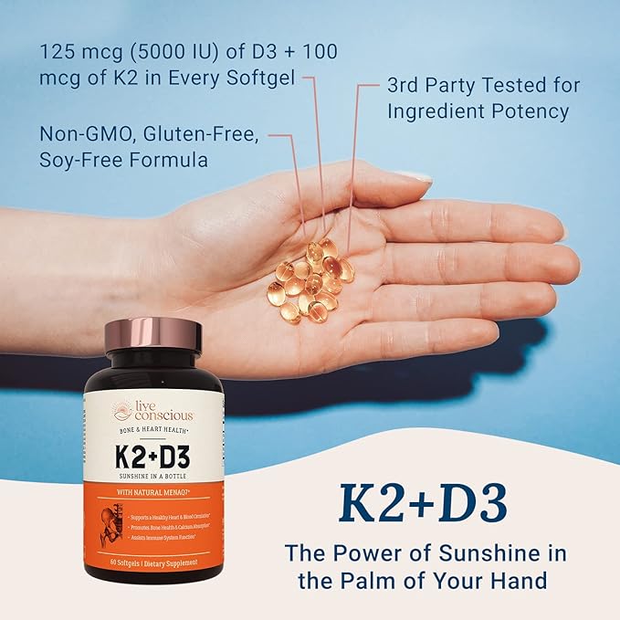 Live Conscious Vitamin K2 MK7 with D3 Supplement | Bone &amp Heart Health Support - Patented Vitamin K &amp Vitamin D3 5000 IU (2-Pack)