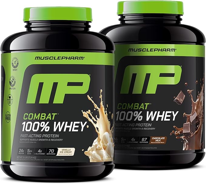MusclePharm Combat 100% Whey Protein Powder Bundle - Vanilla &amp Chocolate Milk Fast Recovery &amp Muscle Gain 5lb 67-70 Servings