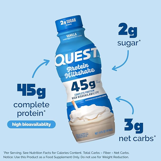 Quest Nutrition Vanilla Protein Shake 45g Protein 2g Sugar 3g Net Carbs Ready to Drink Gluten Free 12 Count