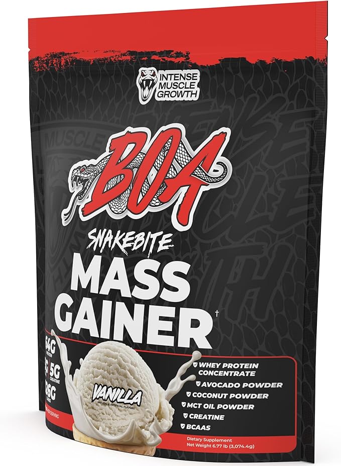 BOA Snakebite Mass Gainer Powder – 64g Protein 126g Carbs &amp 5g Creatine Per Serving – High Calorie Weight Gainer for Muscle Growth &amp Recovery – Chocolate Vanilla Cookie Butter (Vanilla)
