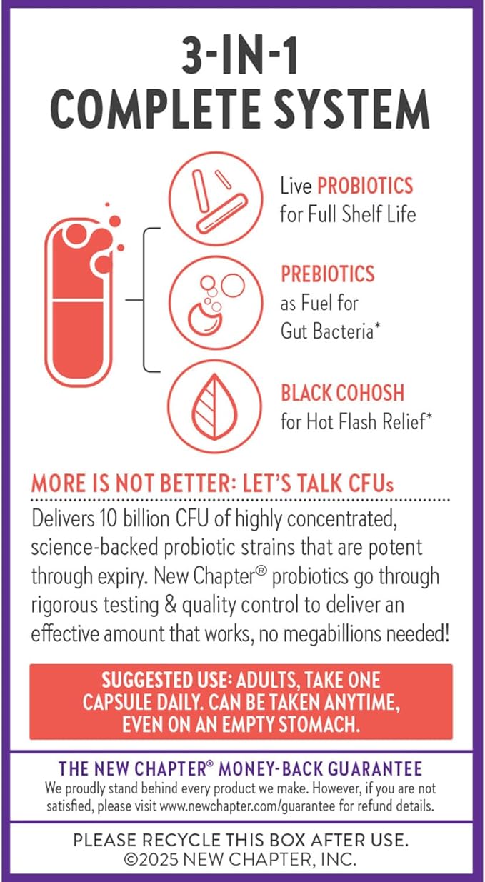 New Chapter All-Flora Probiotic Menopause Balance Ultra-Concentrated Probiotics for Women with Black Cohosh for Menopause Hot Flashes 100% Vegan 30 Vegan Capsules
