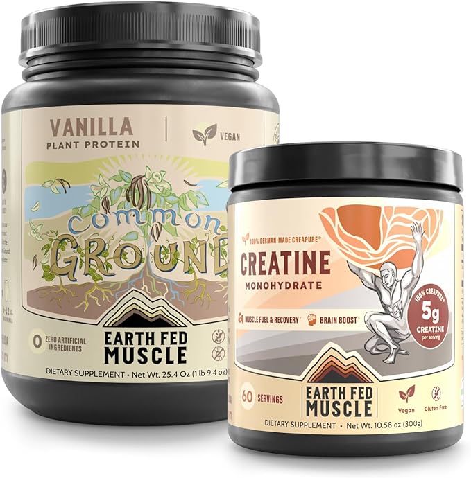 Earth Fed Muscle Vegan Fitness Duo – Vanilla Plant-Based Protein Powder with MCT Oil + German Creapure Creatine Monohydrate – Muscle Recovery Clean Energy &amp Performance – 2-Pack