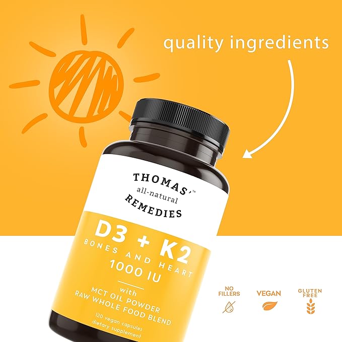 Thomas' all-natural Remedies D3 + K2 with MCT Oil for Better Absorption &amp Raw Whole Food Blend 1000 IU D3 Vegan Made in USA Support for Your Heart Bones &amp Teeth Non-GMO (120ct)