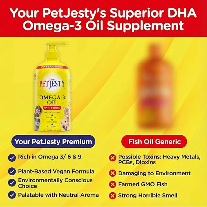 PetJesty Pure Omega 3 Oil for Dogs &amp Cats 26.39oz - Omega 3 Skin &amp Coat Support- Liquid Food Supplement for Pets - Vegan pet + DHA for Joint Function Immune &amp Heart Health Non Fish Oil D