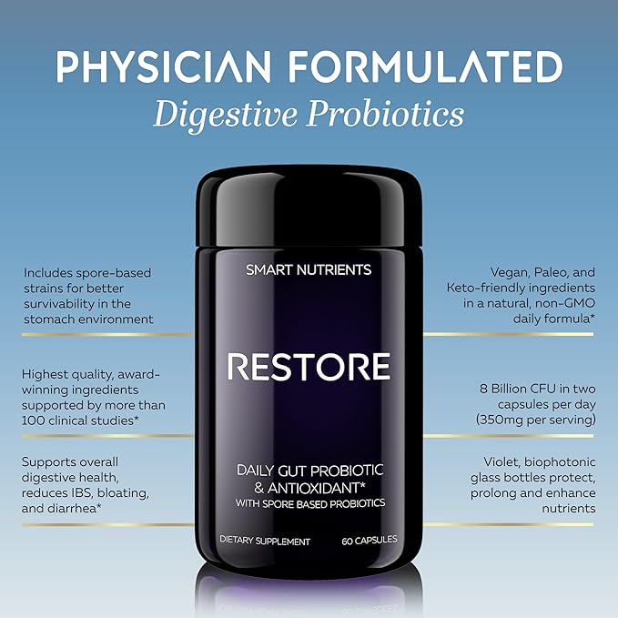RESTORE Limited Edition | Digestive Probiotics &amp Antioxidant Daily Supplement | Supports IBS &amp Gut Health | 4 Clinically Proven Strains with 3 Spore-Based Probiotics | 60 Caps | 30 Day Supply
