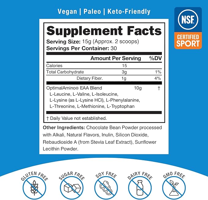 OptimalAmino Amino Acid Powder | 99% Utilized Essential Amino Acid (EAA) Supplement | Pre/Post Workout &amp Muscle Recovery | NSF for Sport Certified | Mocha Flavor