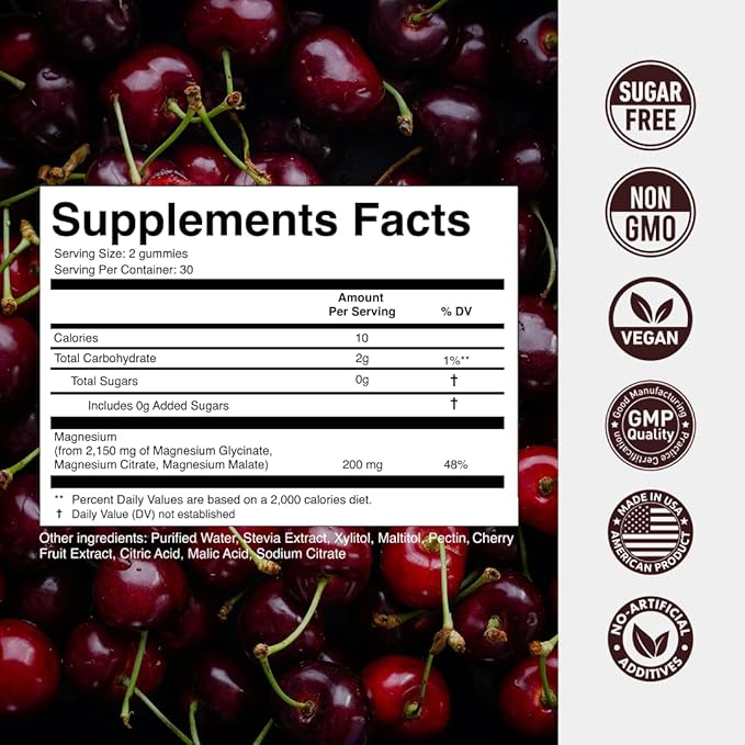 Magnesium Glycinate 2150 MG Gummies High Absorption Magnesium Glycinate Citrate &amp Malate Sugar-Free Vegan Chews for Men &amp Women 60 Gummies Cherry Flavor Pack of 2