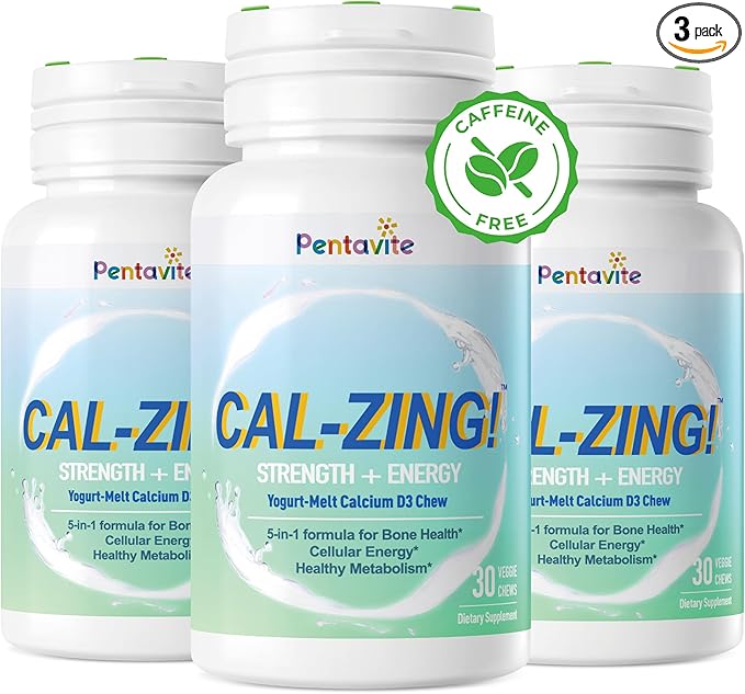 Cal-Zing Calcium with Taurine and Vitamin D3 Yogurt Chewable Supplements for Women and Men Strong Bones &amp Teeth Energy Support Laser Focus and Healthy Metabolism 90 Days Supply