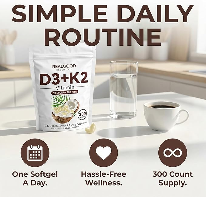 Real Good Essentials Vitamin D3 K2 D3 K2 Vitamin 10000 Iu Extra Strength 2-In-1 D&ampK Complex with Virgin Coconut Oil Free Of Gmo Gluten Soy Bone Health Supports Calcium Absorption 300 Softg