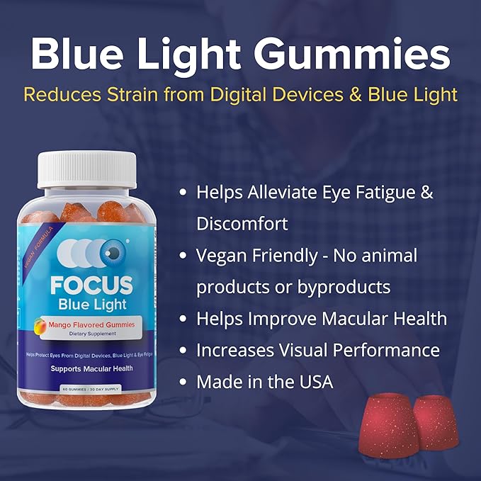 Focus Blue Light Supplement | Lutein and Zeaxanthin Supplement for Eye Health and Blue Light Protection | 60 Count Mango Flavored Gummy 30 Day Supply