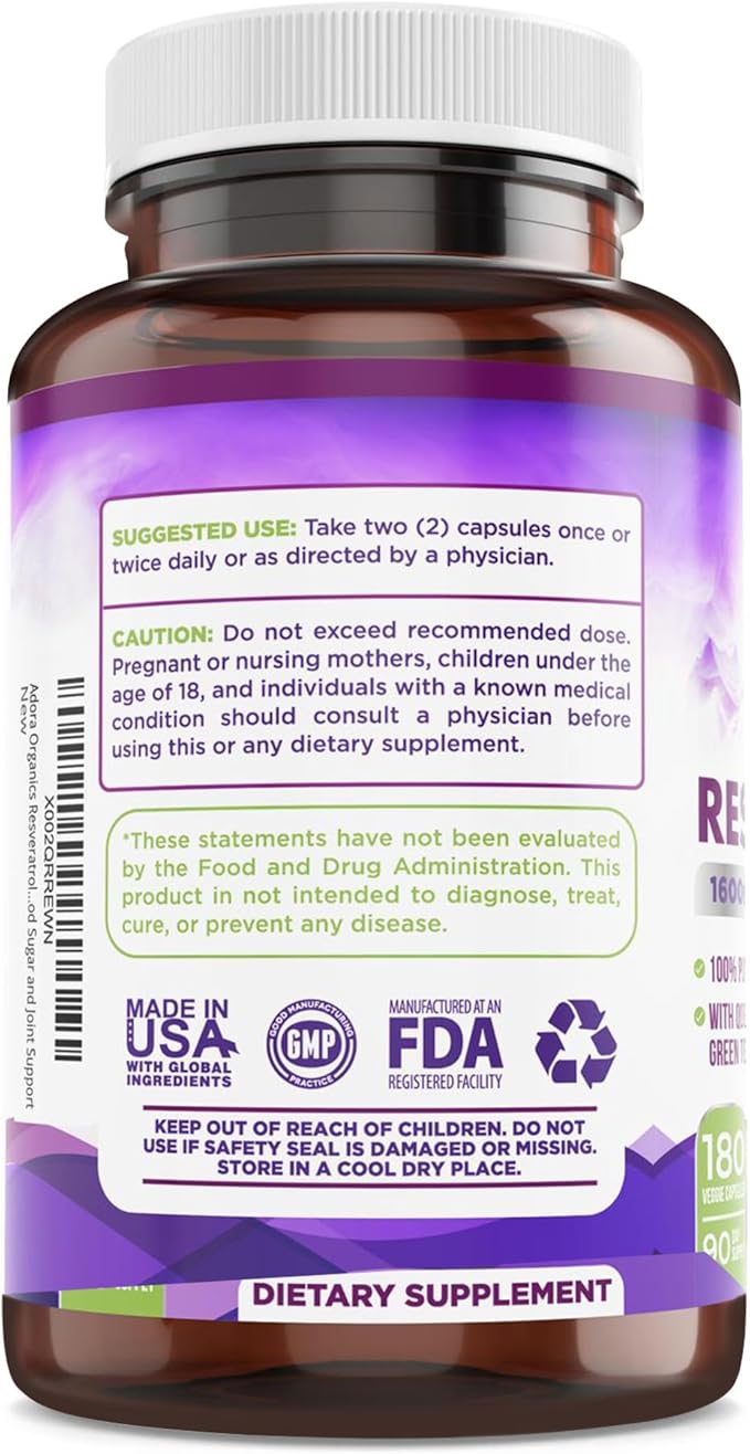 Resveratrol 1600mg - 180 Capsules | Trans-Resveratrol Antioxidant Supplement with Natural Green Tea Grape Seed Polyphenols &amp Quercetin Supports Digestive Heart Health Immune System Brain Func
