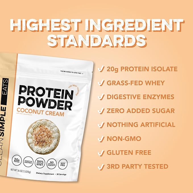 Clean Simple Eats Whey Protein Powder Coconut Cream Flavor Naturally Sweetened 100% Grass Fed Protein Powder with Digestive Enzymes &amp No Artificial Ingredients Gluten Free 30 Servings