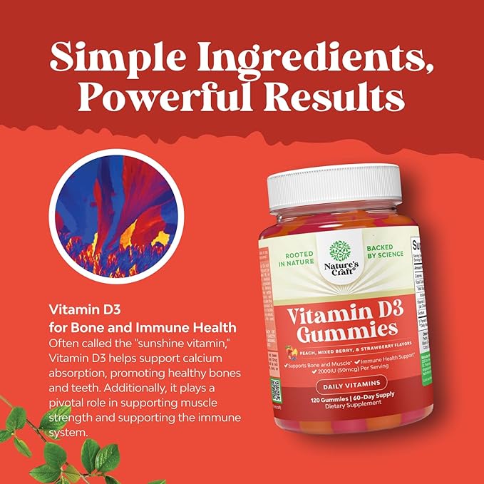 Natures Craft Vitamin D3 Gummies for Daily Wellness - Delicious Vitamin D Gummies for Adults with D3 2000IU per Serving Bone Muscle &amp Immune Support - Non-GMO Gelatin &amp Gluten Free - 120 Count