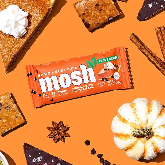 MOSH Pumpkin Spice Chocolate Chip Vegan Protein Bars Plant Based Keto Gluten-Free Brain Healthy Snack with Cognizin Ashwagandha and Lion's Mane 12 Count