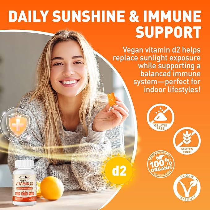 Vitamin D2 Gummies 2000 IU Plant-Based Vitamin D Supplement from Whole Mushroom for Bone Muscle &amp Immune Support Daily Sunshine Supply Vegan Non-GMO Orange 60 Chews