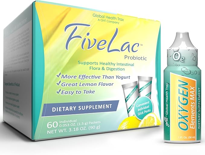 GHT - FiveLac Lemon Probiotic Powder Drink Mix Probiotics for Women Men and Kids + Oxygen Elements Max Liquid Oxygen Drops - 1 Ounce Bottle/Cultivate Healthier Digestion and Cleanse Cells