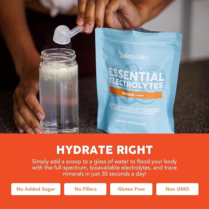 Paleovalley Essential Electrolytes Powder - Full Spectrum Orange Electrolyte Powder for Hydration Energy and Muscle Recovery - No Sugar Added - 30 Servings