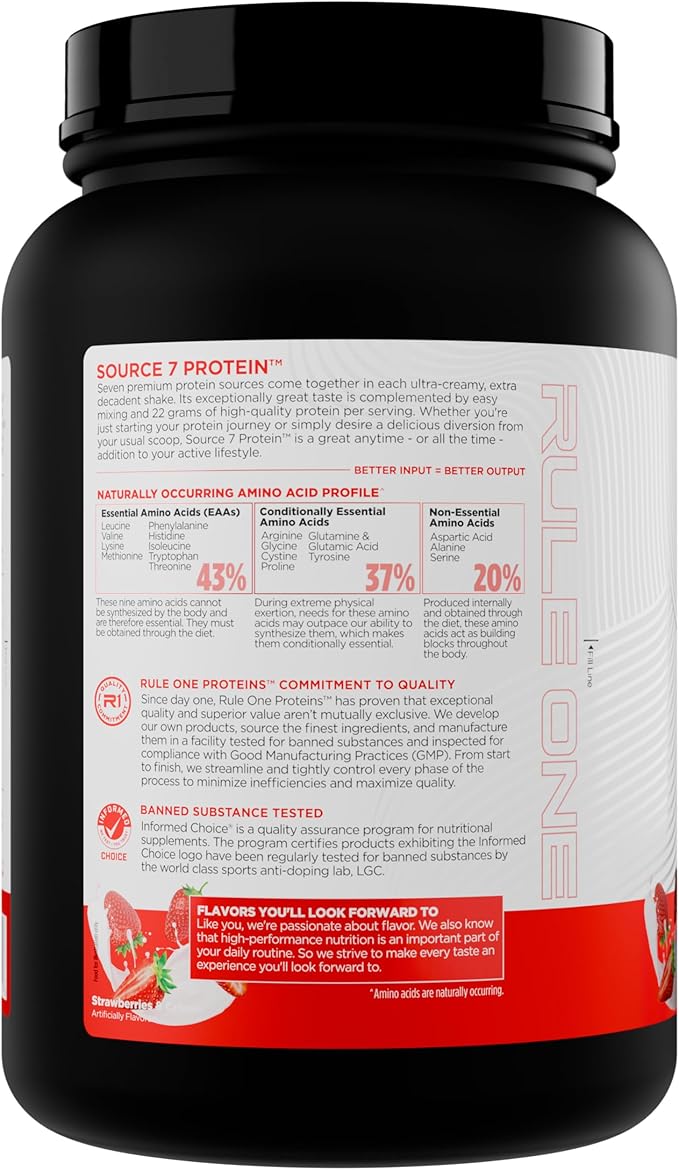 Rule 1 Source 7 Protein – Decadent Flavor Velvety Smooth Texture 22g Anytime Protein and 10g Naturally Occurring EAAs Per Serving from 7 Premium Sources (1.8 Pounds* Strawberries &amp Cream)