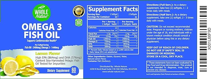 Omega 3 Fish Oil Supplements Maximum Strength 2400 mg Omega-3 1440mg Fish Oil EPA DHA Fatty Acids Heart Health Vision Eye Brain Immune Support for Women &amp Men. Natural Lemon Flavor 180ct