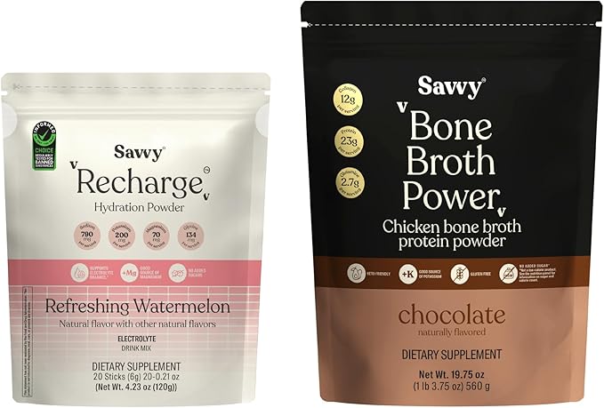 SAVVY Bone Broth Power Chocolate Protein Powder 23g Protein 12g Collagen &amp Recharge Electrolyte Powder Sugar Free Conscious Hydration Drink with Sodium Magnesium Potassium Glycine Watermelo