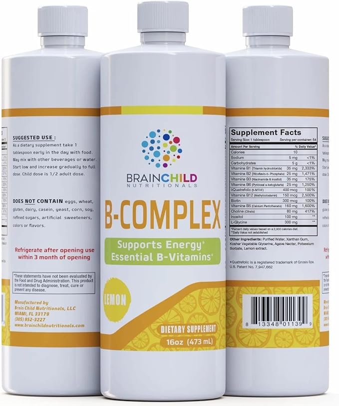 BrainChild B-Complex Liquid - High-Potency Methylated B Vitamins for Energy Stress &amp Mood Non-GMO Vegan Gluten-Free Lemon - 16oz