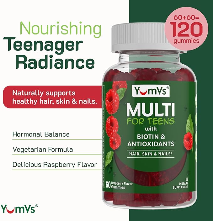 Teen Multivitamin Gummies with Biotin and Antioxidants - Raspberry Flavor - Hair Skin Nails Support - Vegetarian Kosher Teen Vitamins for Boys and Girls 12-17 - 60 Count (Pack of 2)