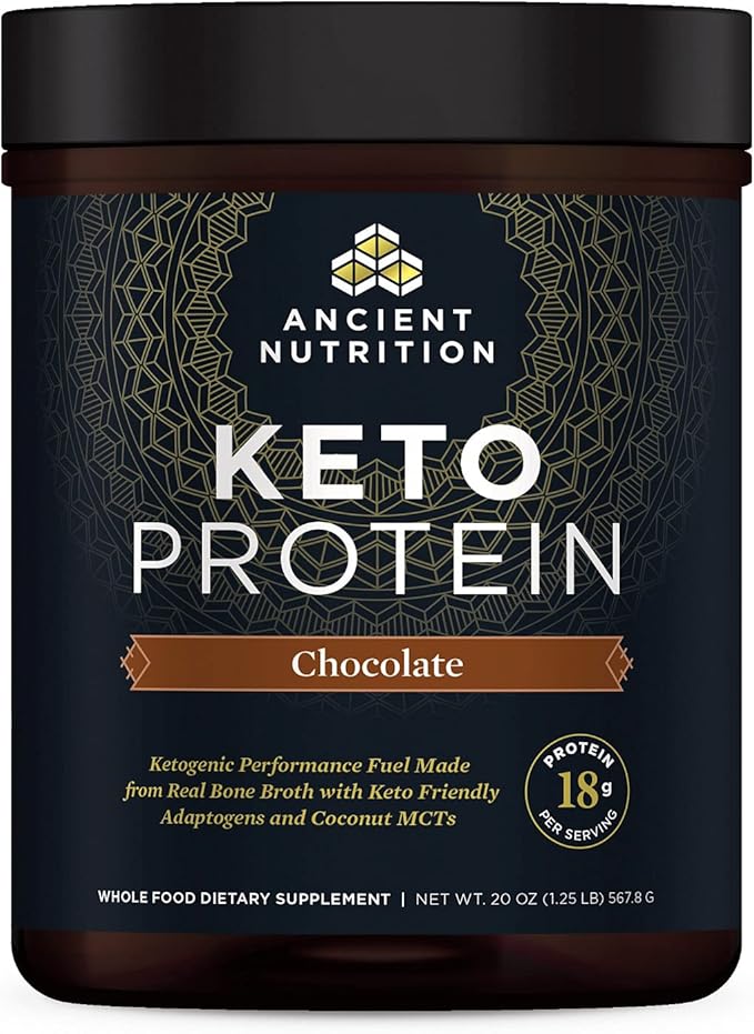 Ancient Nutrition Keto Protein Powder KetoPROTEIN with Fats from Bone Broth and MCT Oil Chocolate 18g Protein 10g Fat Per Serving Gluten Free Low Carb Paleo Friendly 17 Servings
