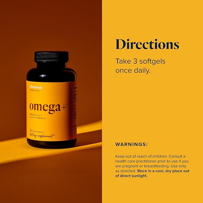 LifeVantage - Omega+ - Supplement 3-in-1 Blend of Omega-3 &amp 7 Vitamin D and for Brain Cardiovascular Skin Health and Immunity - 90 Softgels