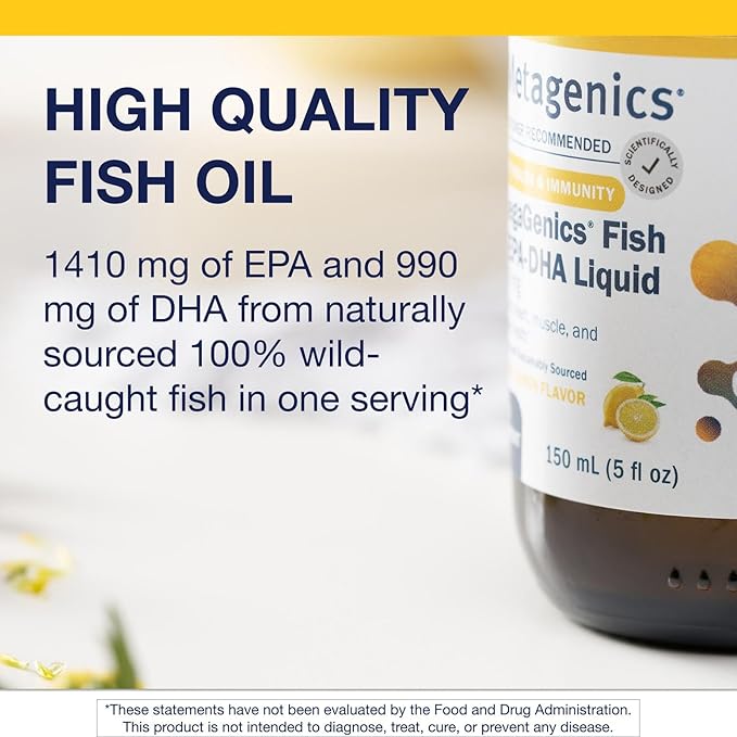Metagenics OmegaGenics EPA-DHA 2400 mg - High Potency Liquid Fish Oil Supplement for Heart Health &amp Immune Support* - Sustainably Sourced - Lemon Flavor - Non-GMO &amp Gluten-Free - 30 Servings