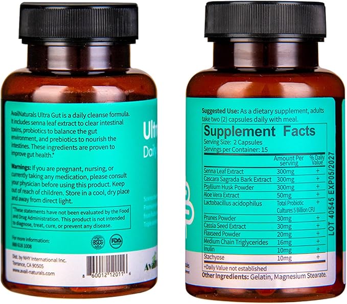 AvailNaturals Ultra Gut Daily Cleanse 15 Day Cleanse-with Senna Leaf Extract Cassia Seed 2.5 Billion Probiotics &amp Dietary Fiber30 Capsules