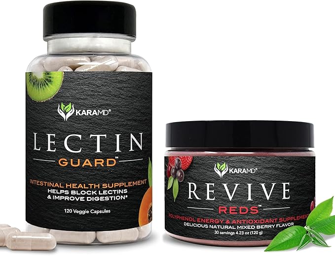 KaraMD Lectin Guard Gut Repair Colon Cleanse Supplement &amp Revive Reds Polyphenol Energy Booster | Antioxidants Shilajit &amp Enzymes | Non-GMO Gluten Free Vegan Friendly (30 Servings)