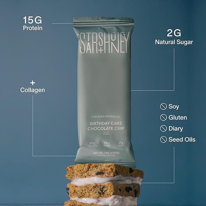 Stars + Honey Protein Bars Birthday Cake Chocolate Chip 14g Protein 2g Sugar with Collagen Peptides Dairy Free Soy &amp Gluten Free Snacks Keto Friendly No Seed Oils or Sugar Alcohols 10 Pac