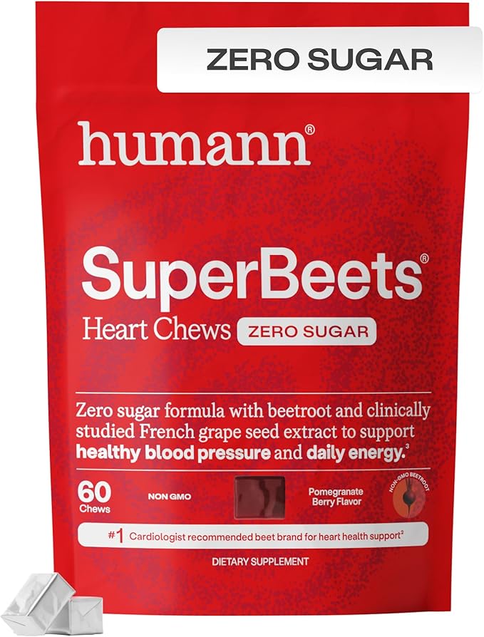 Humann SuperBeets Heart Chews Zero Sugar Nitric Oxide and Blood Pressure Support Grape Seed Extract &amp Non-GMO Beet Root Powder Energy Supplement Pomegranate Berry Flavor 60 Count