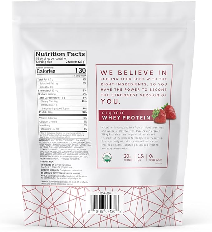Dr. Mercola Pure Power Organic Whey Protein - 20 g Protein - Supports Muscle Growth &amp Energy - Grass-Fed Whey Concentrate - 15 Servings (20.60 oz) - Strawberry