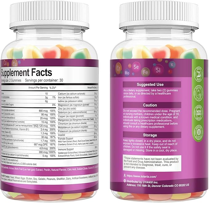 (2 Pcs) Totaria Sugar Free Multivitamin Gummies for Women 14+ w/Iron Inositol Folate Biotin Womens Daily Multivitamin Gummy w/Vitamin A C B D3 K2 for Hair Skin Energy Immune Mixed Flavors
