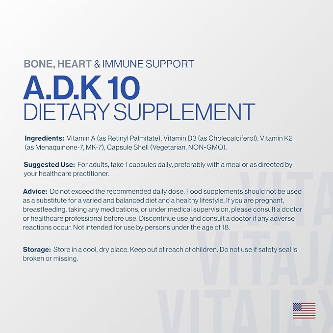 ADK 10 - Vitamin ADK Supplement 180 Capsules - High Potency Vitamin A D3(10000 IU) K2 as MK-7 for Bone Heart &amp Calcium Absorption – Non-GMO Gluten Free (6 Month Supply) 2 Pack